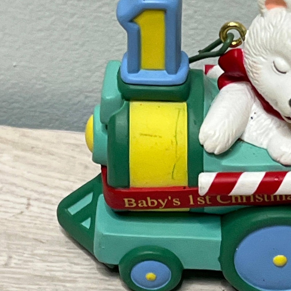 Hallmark 1999 Baby's 1st Christmas Peppermint Express Ornament Bear Train - Picture 3 of 8